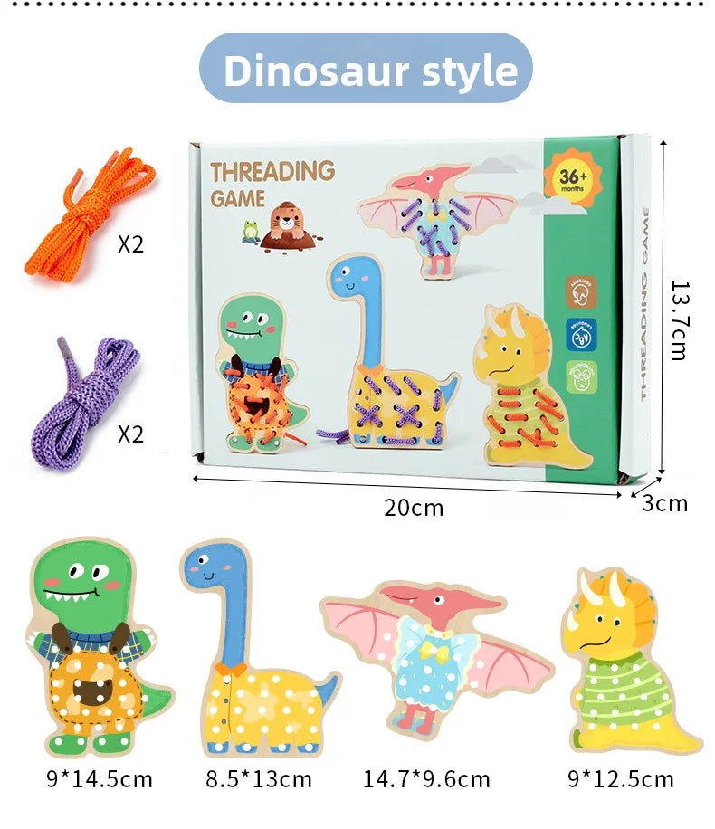 A set of dinosaur style threading beads and lacing toys for toddlers, including various dinosaur shapes.