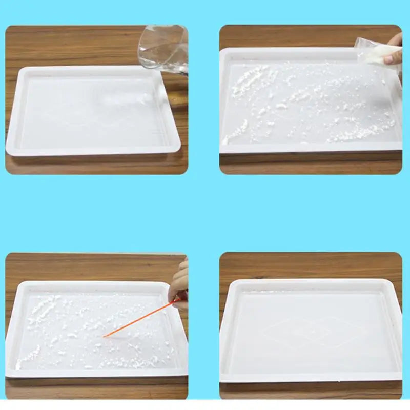 A set of white silicone trays used for water marbling paint art, showing various stages of the process.