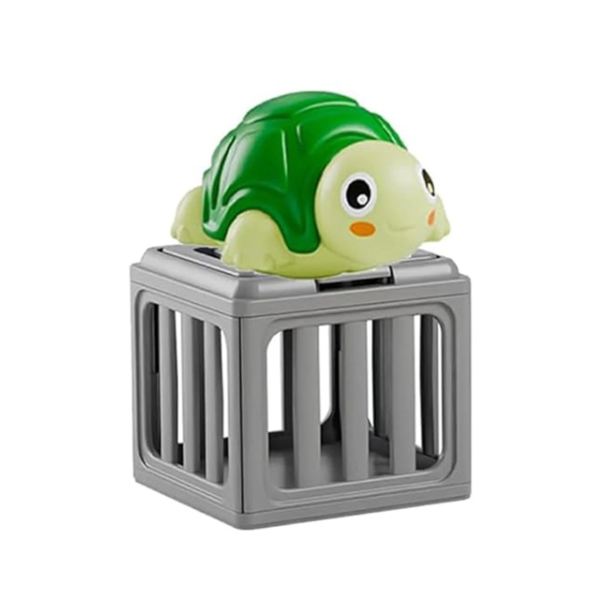 A green turtle toy is visible inside a gray plastic cage for an ocean rescue toddler bath and pool toy set.