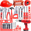 A red kids tool set featuring a battery-powered toy drill, various hand tools like pliers and hammers, and a wooden box.