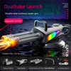 A gray dual tube luminous water gun with a black handle and barrel, shown against a dark background.