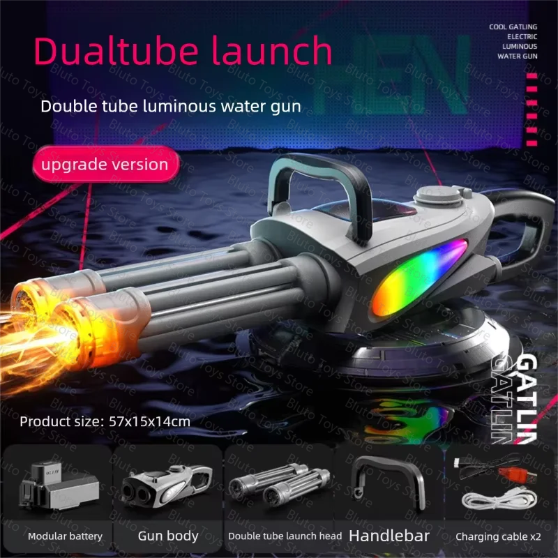 A gray dual tube luminous water gun with a black handle and barrel, shown against a dark background.