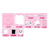 A collection of pink Perler beads and craft components including various shapes, tools, and bead packs for a crafting kit.