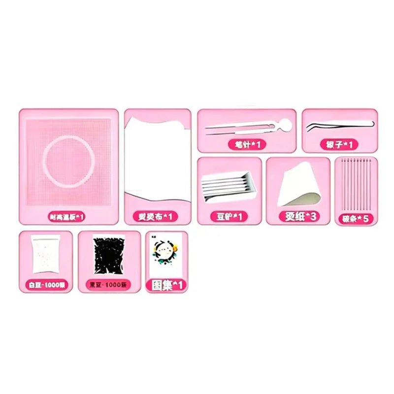 A collection of pink Perler beads and craft components including various shapes, tools, and bead packs for a crafting kit.