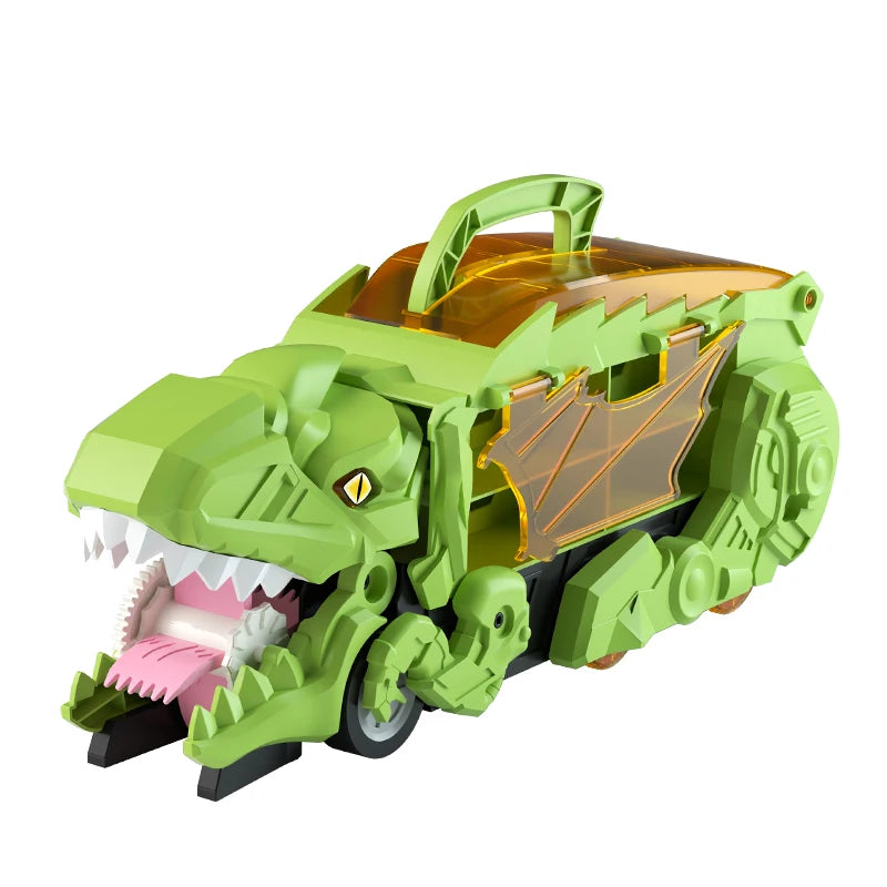 A green T-Rex dinosaur toy with an open mouth and storage compartment, featuring inertia sliding.