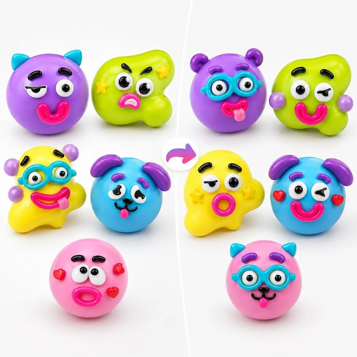 A collection of colorful moldable dog face squishy stress relief toys in various shades of purple, green, and yellow.