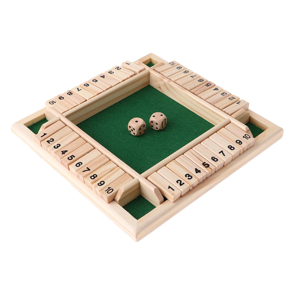 A wooden shut the box dice game board with a green felt playing area and ten numbered wooden dice slots.