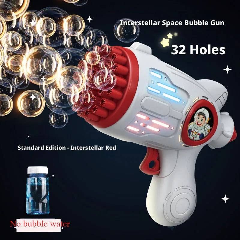 Pistolet à bulles spatial Interstellar blanc et rouge tirant des bulles sur fond sombre