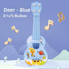 A blue mini ukulele toy for kids featuring a deer design and adjustable tuning pegs.