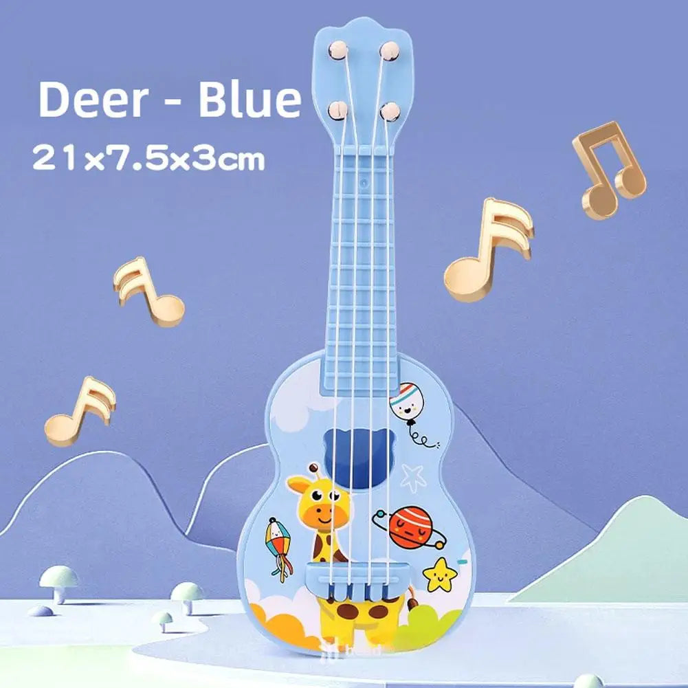 A blue mini ukulele toy for kids featuring a deer design and adjustable tuning pegs.