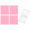 A set of four pink cards featuring diamond shapes, alongside an open clear plastic box for the clay.