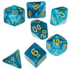 A set of seven blue marble effect polyhedral dice showing various numbers and shapes.