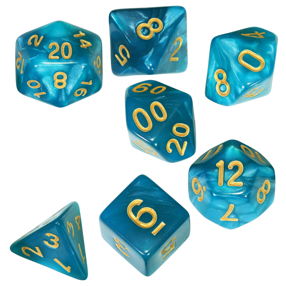 A set of seven blue marble effect polyhedral dice showing various numbers and shapes.