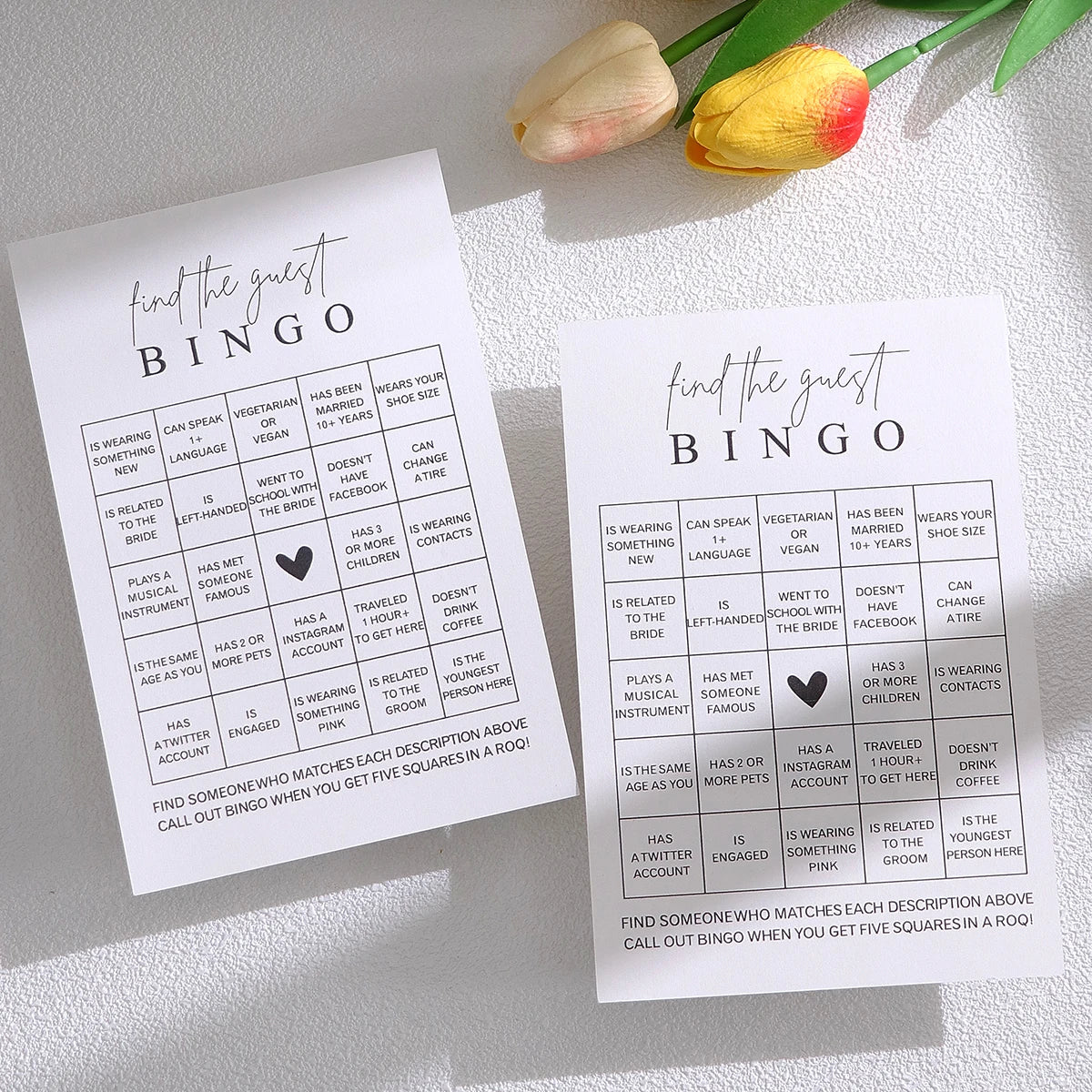 A printable bingo game card titled Find the Guest Bingo where guests find someone matching a description.
