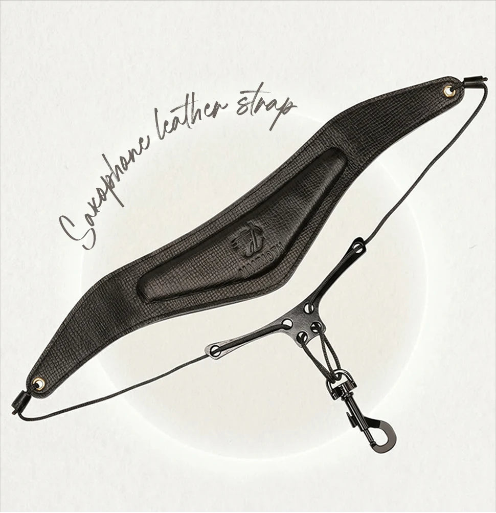 A black padded leather strap for a saxophone neck, shown against a white background.