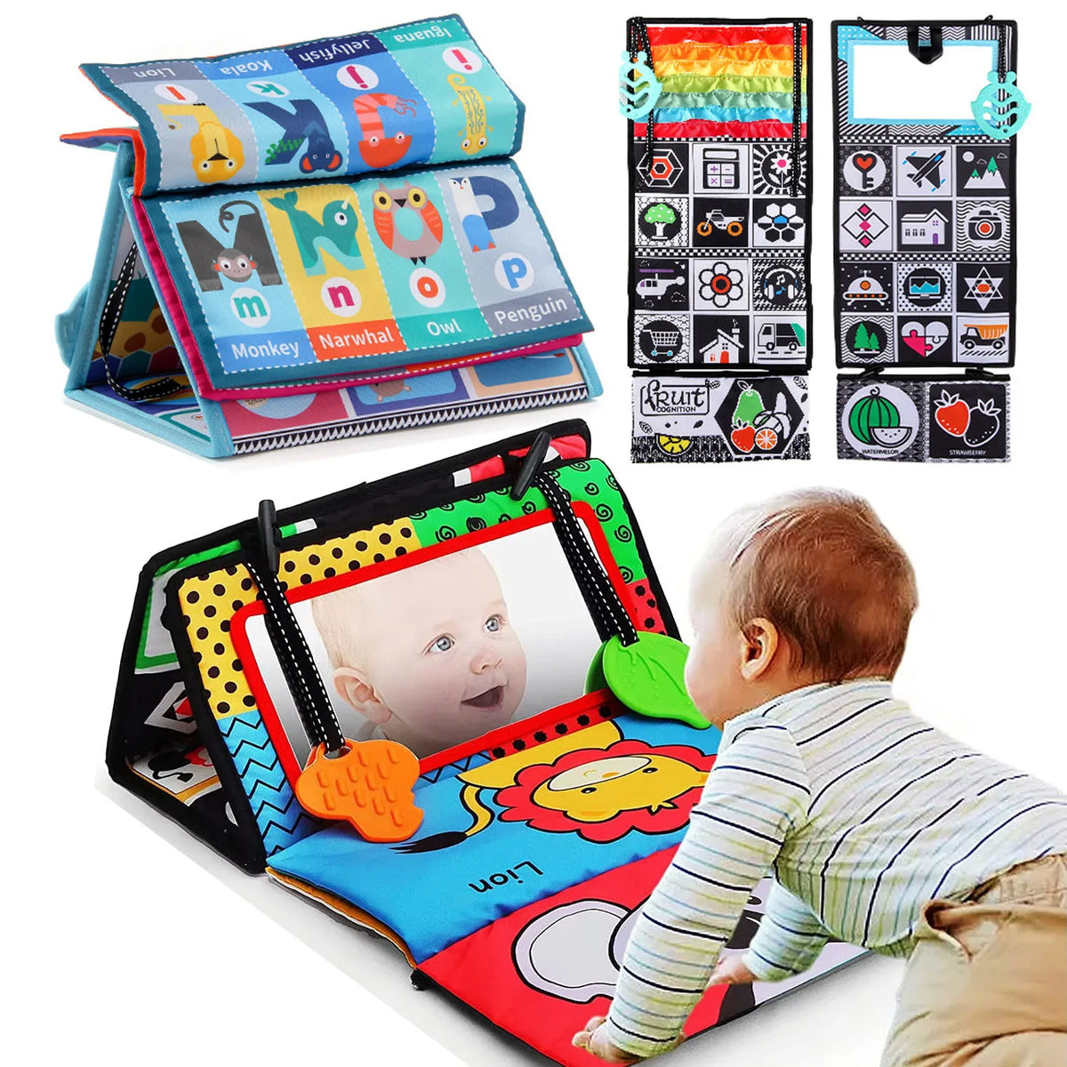High-Contrast Tummy Time Baby Mirror with Crinkle Cloth Book and Teether