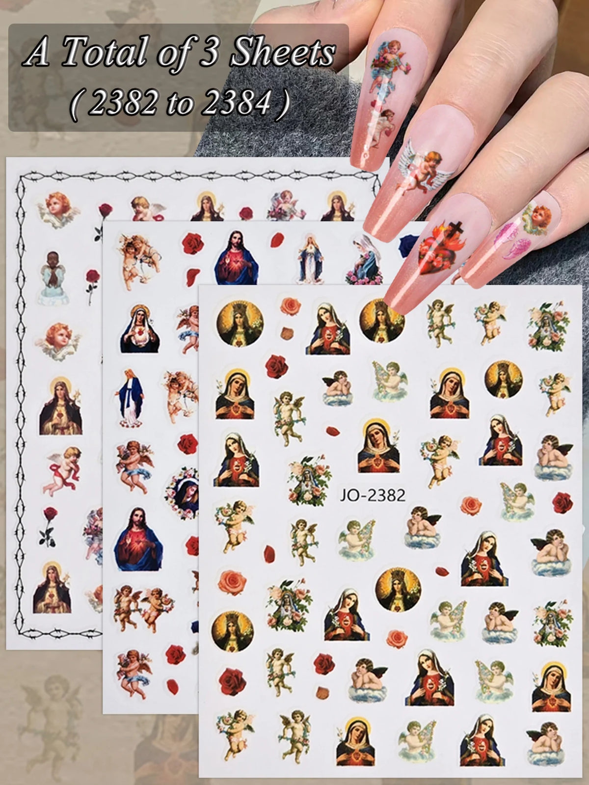 A total of three sheets of vintage angel and saint nail art stickers featuring cherubs and crosses.