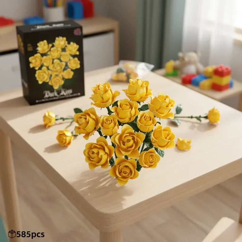 A bouquet of yellow rose-shaped building blocks is displayed on a wooden table.