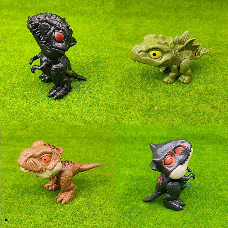 Three dinosaur fossils in various colors and poses displayed on green moss.