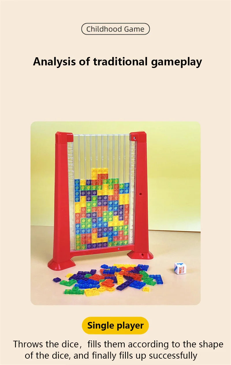 A single player successfully fills a glass frame with colored puzzle blocks shaped like a die.