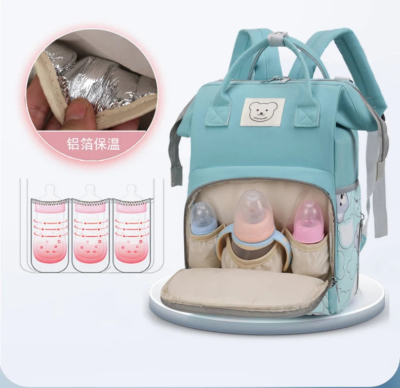Waterproof Diaper Bag Backpack with Printed Bear Design
