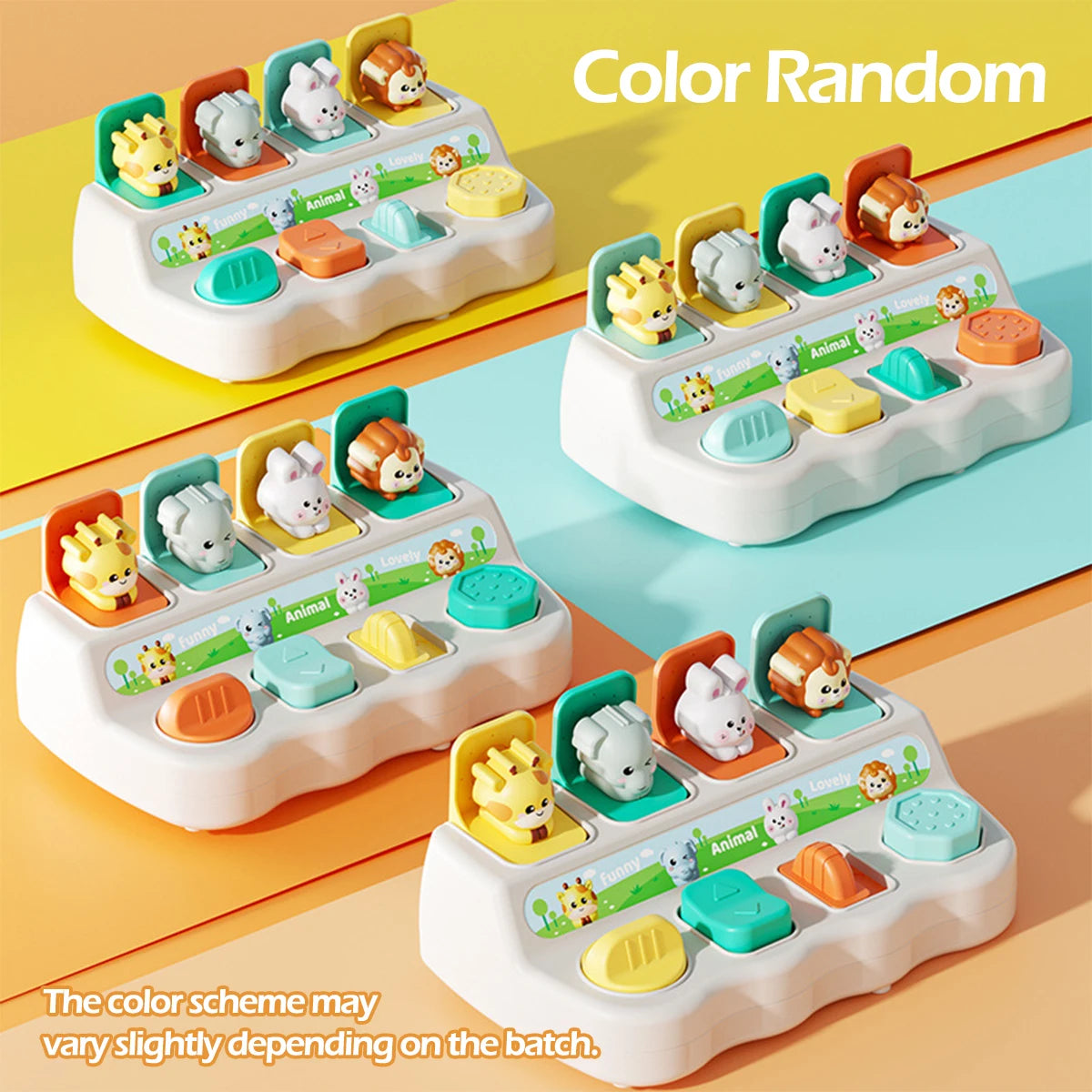 A set of Montessori pop-up animal toys in various colors arranged on a white tray.