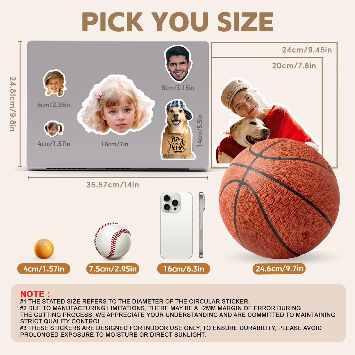 A set of die-cut vinyl stickers of various sizes, including a basketball and a smartphone, displayed next to a laptop for siz
