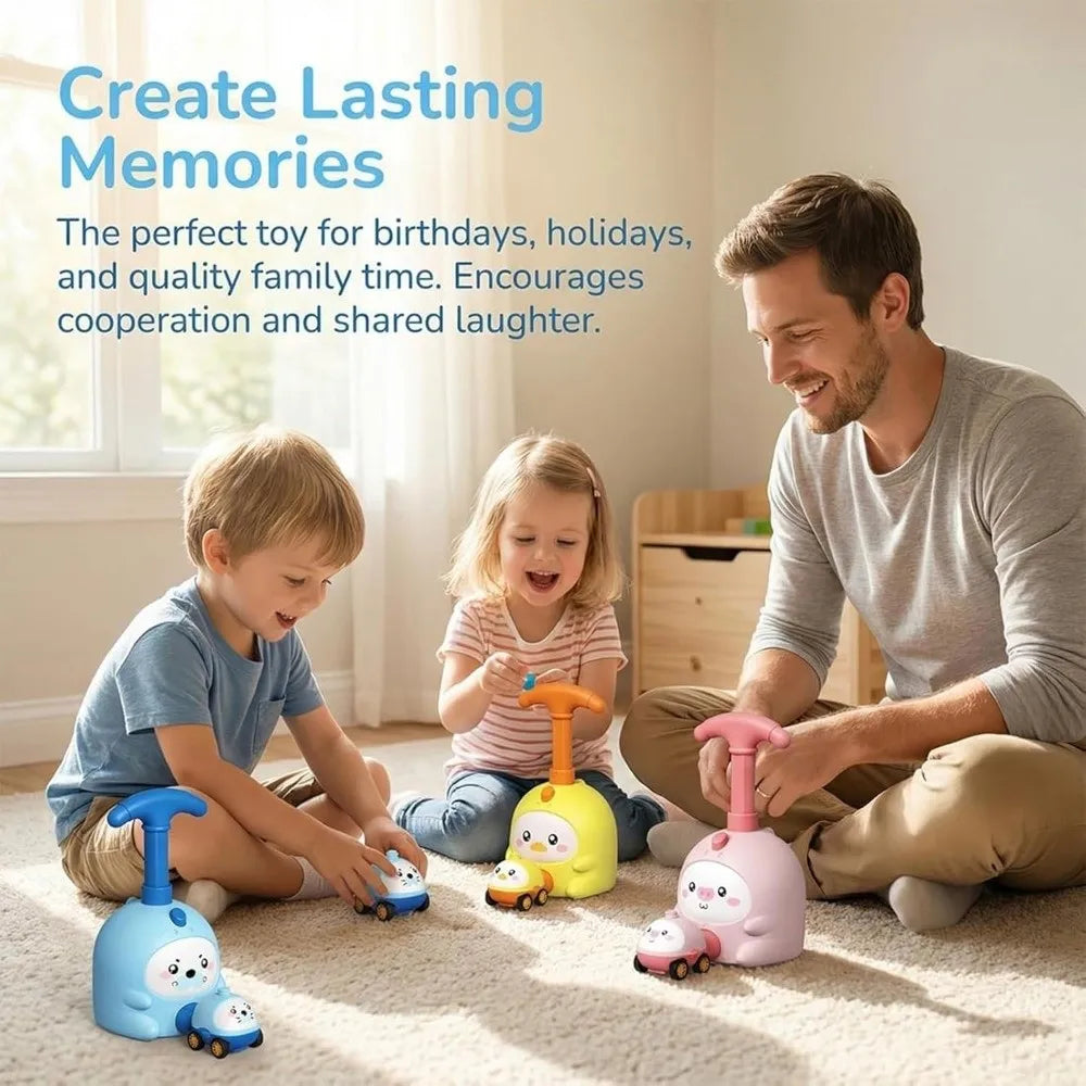 A father and two children play with a pink balloon-powered racing car toy on a carpet.