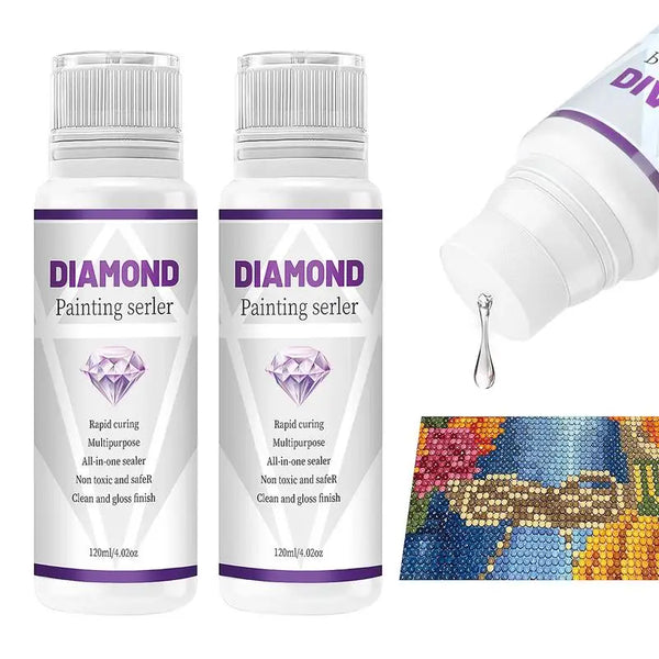 A bottle of Diamond Painting sealer glue with a white cap and clear liquid, next to a colorful fabric swatch.