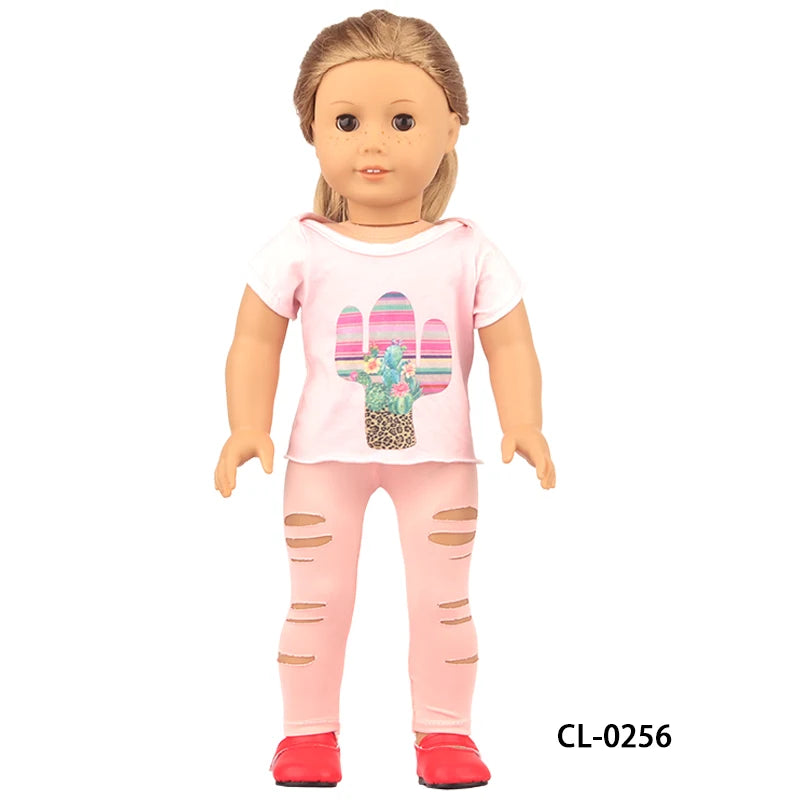 A pink unicorn pajama set for an 18-inch doll featuring a cactus design.