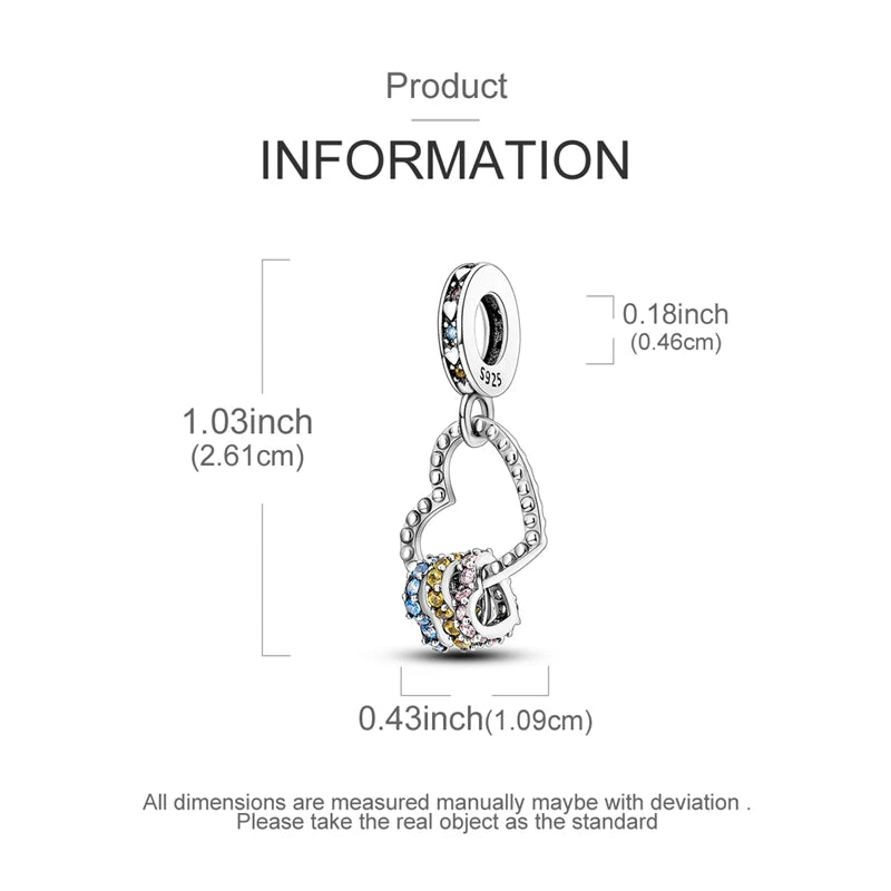 A silver heart charm for bracelets and necklaces, measuring 1.03 inches long.