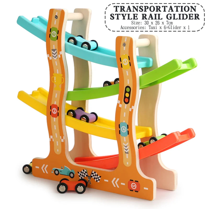 A wooden rail glider toy set featuring colorful slides and tracks for children.