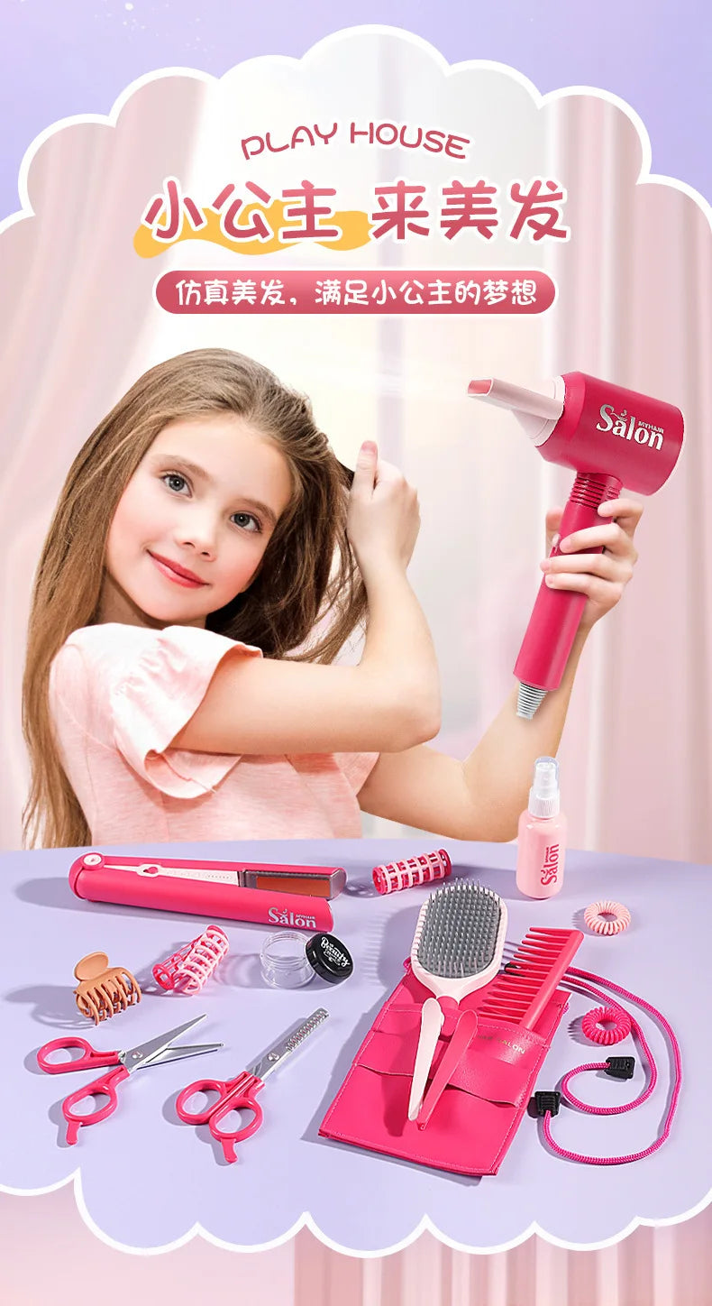 A pink hair styling set for children includes a hairdryer, combs, scissors, and brushes displayed in a playhouse setting.