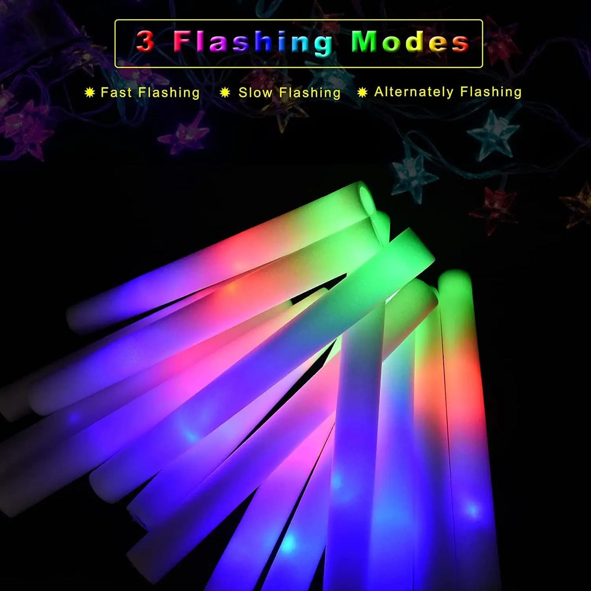 A bundle of glowing foam LED glow sticks in various colors, demonstrating three flashing modes.