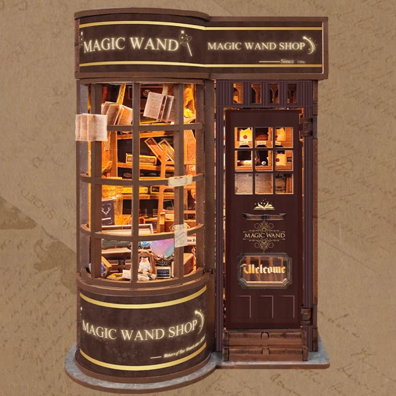 A wooden miniature kit of a magic wand shop display featuring shelves and glass cabinets.