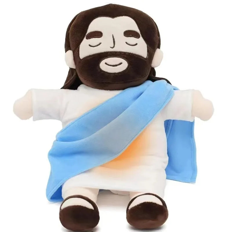 A plush doll set depicting Jesus and the Virgin Mary with dark hair and beards wearing white robes.