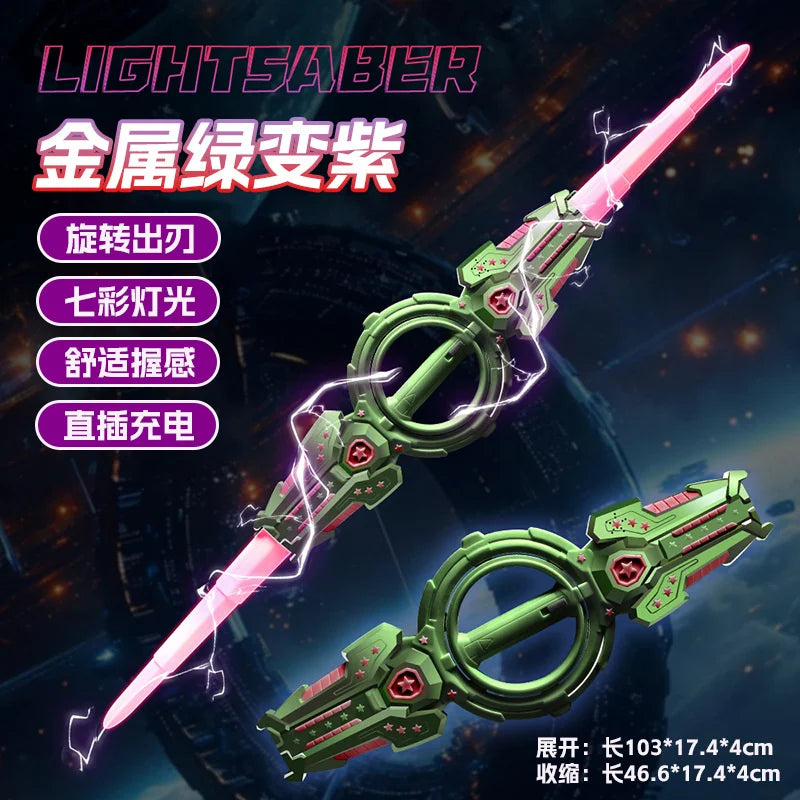 A green lightsaber with a pink blade and fire effects, shown in a close-up view.
