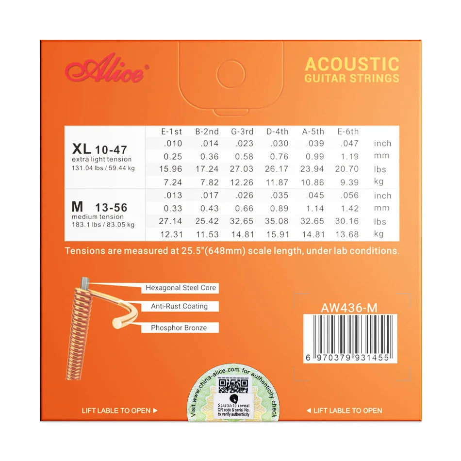 Box of AW436-M phosphor bronze acoustic guitar strings with anti-rust coating and tension chart