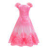 Pink kids costume dress for a girl featuring a bodice, skirt, and pink fluffy trim.