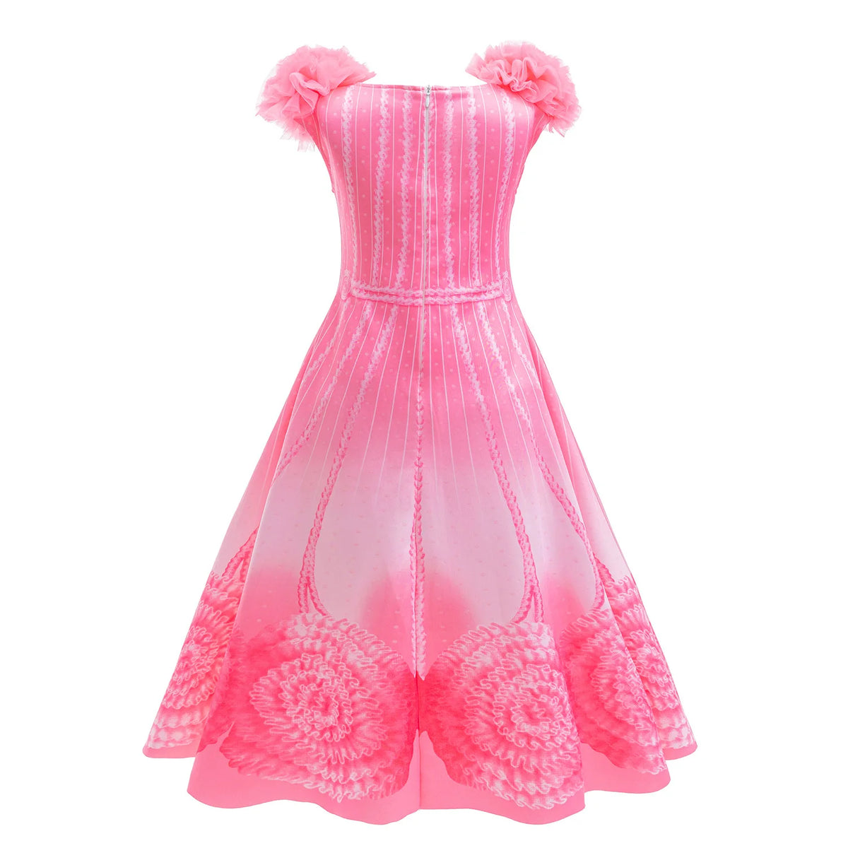 Pink kids costume dress for a girl featuring a bodice, skirt, and pink fluffy trim.