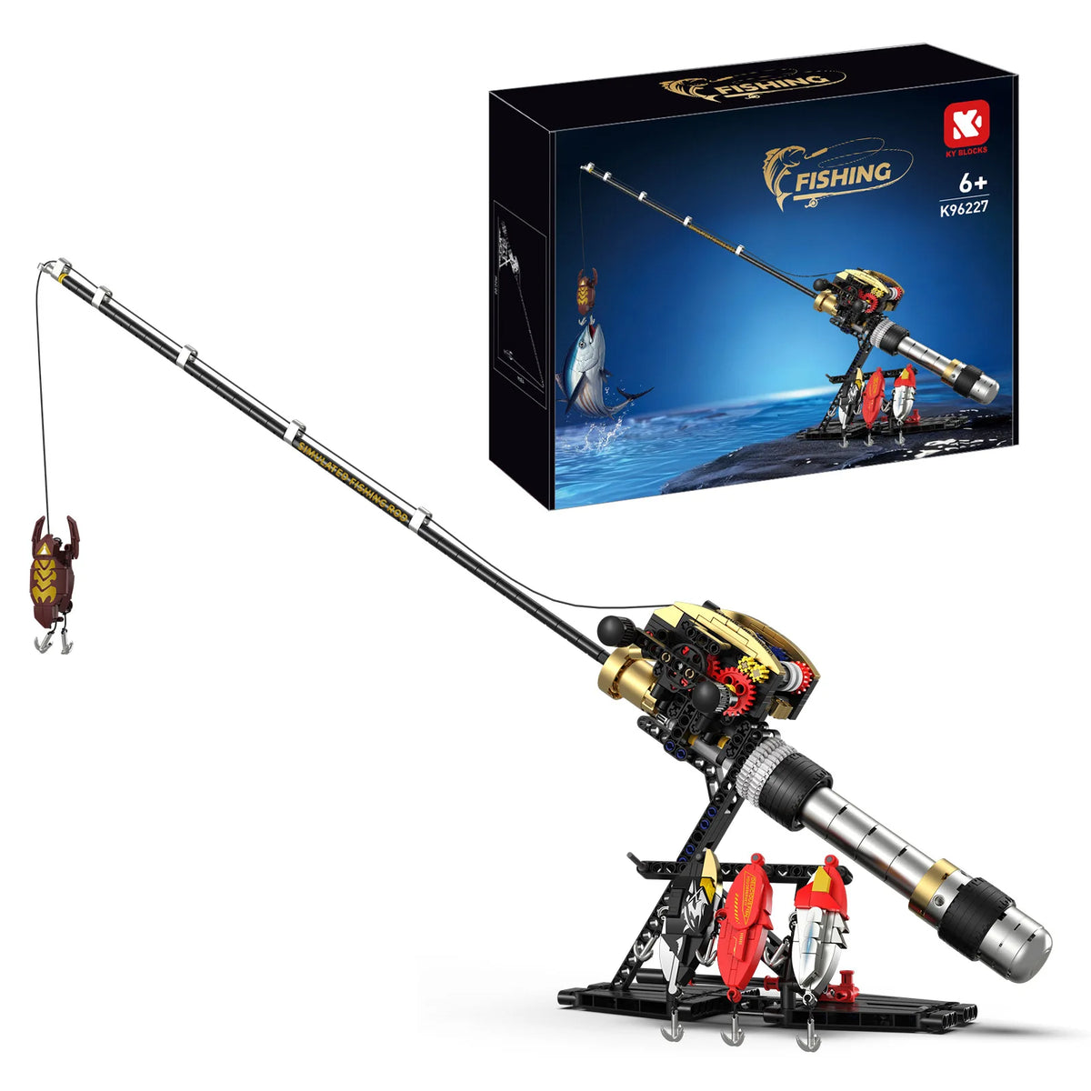 A fishing rod building blocks set with a reel is shown, featuring a long rod and a detailed fishing scene on a black box.