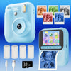 A light blue instant print camera is shown with film cartridges and a printed photo.