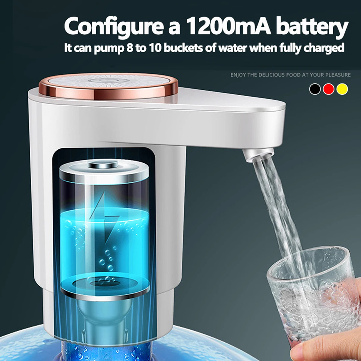 A white electric water dispenser pump is shown dispensing water into a glass.