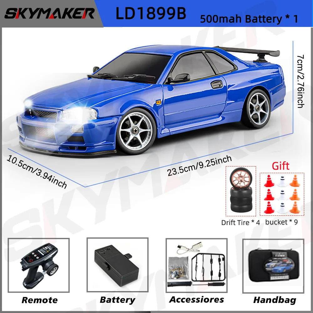 Blue 1/18 scale GTR R34 RC drift car with gyro stabilization and accessories