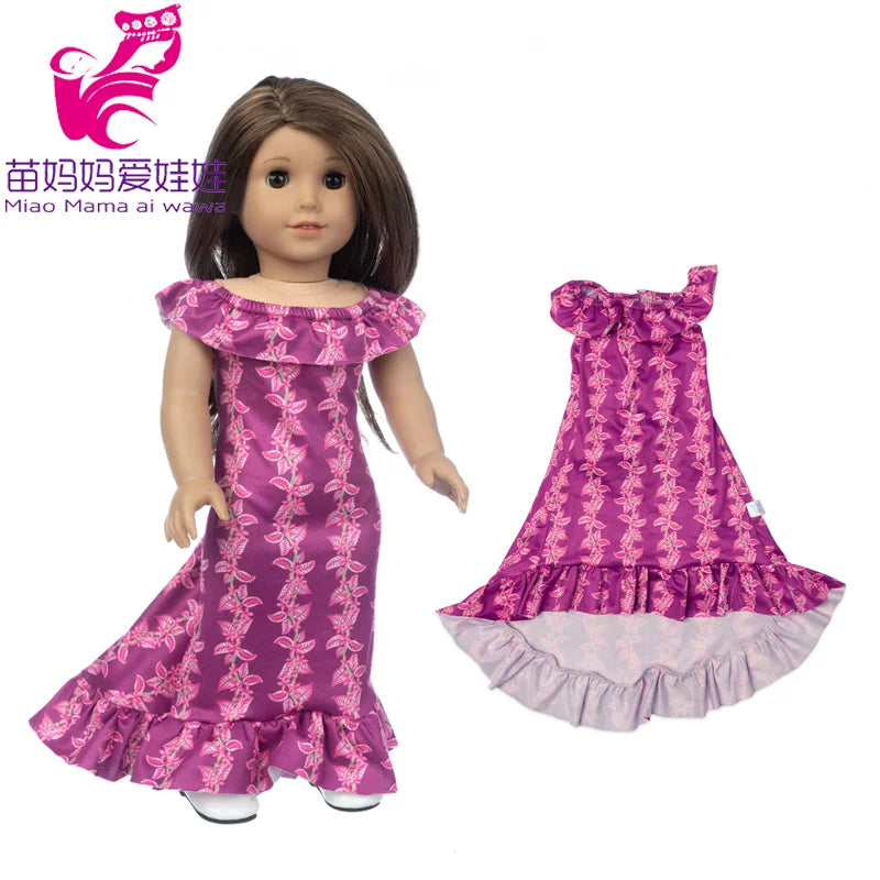 A doll wearing a purple floral dress outfit set with a matching blouse, skirt, and tights.