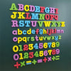 A colorful set of magnetic letters and numbers arranged in alphabetical and numerical order.