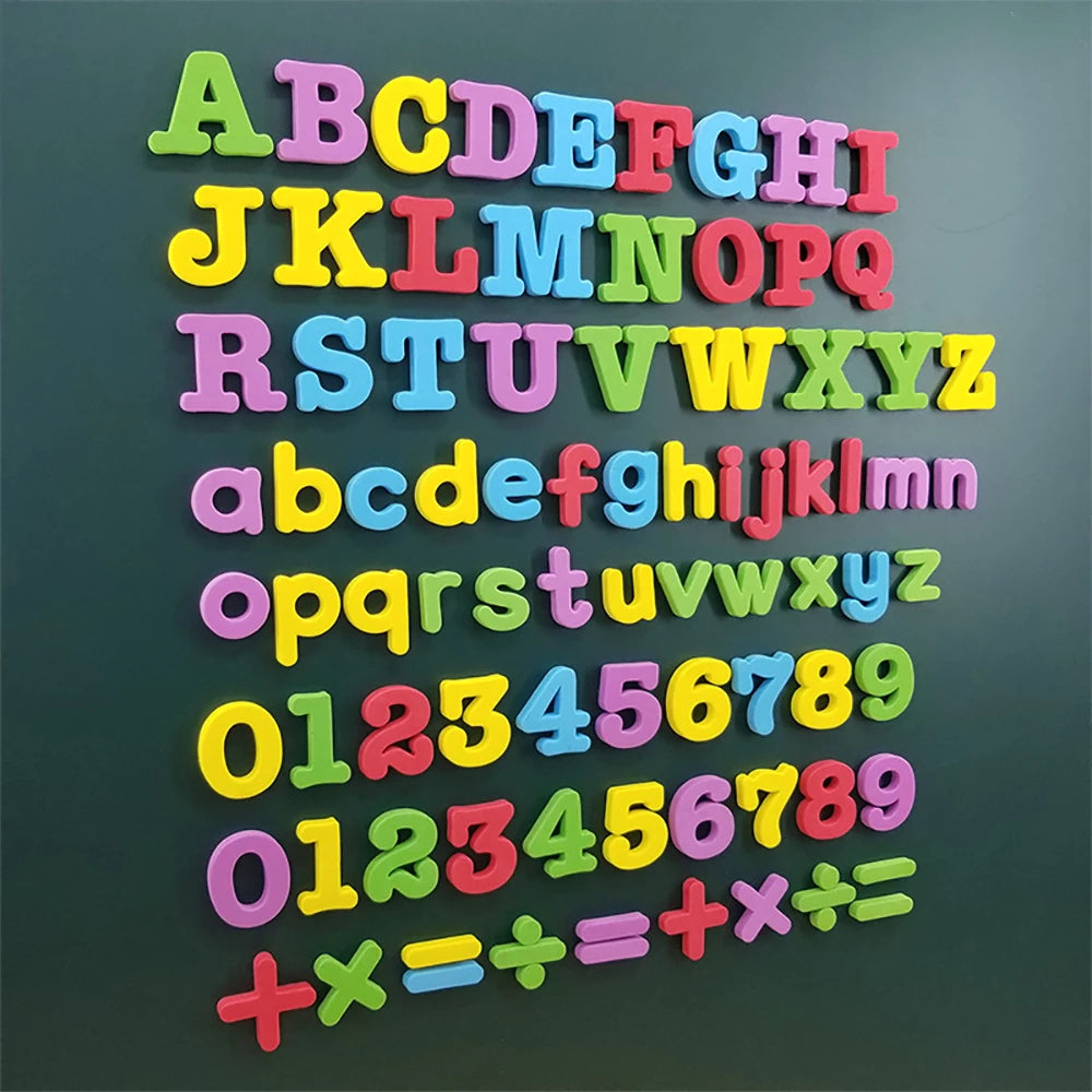 A colorful set of magnetic letters and numbers arranged in alphabetical and numerical order.