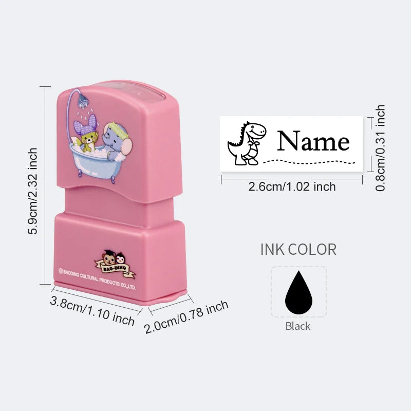 A pink custom kids name stamp featuring a bathtub design and a dinosaur silhouette, with black ink color.