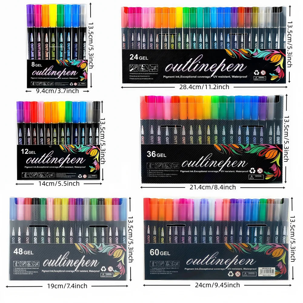 Double Line Glitter Marker Pens – Metallic Outline & Shimmer Set
