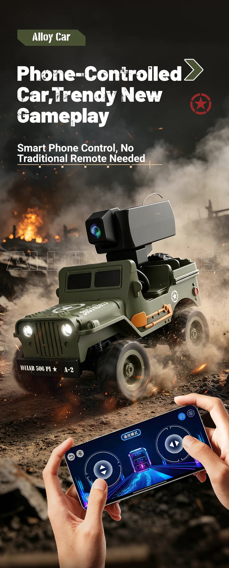 A hand holds a smartphone controlling a green 1:64 scale RC Jeep Willys 4WD off-road crawler in a dusty, outdoor setting.
